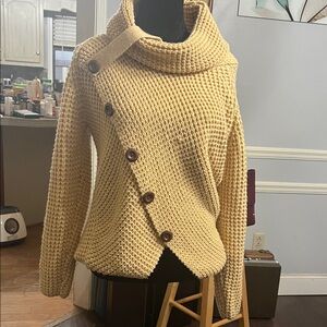 Women's Tan Asymmetrical Button Sweater